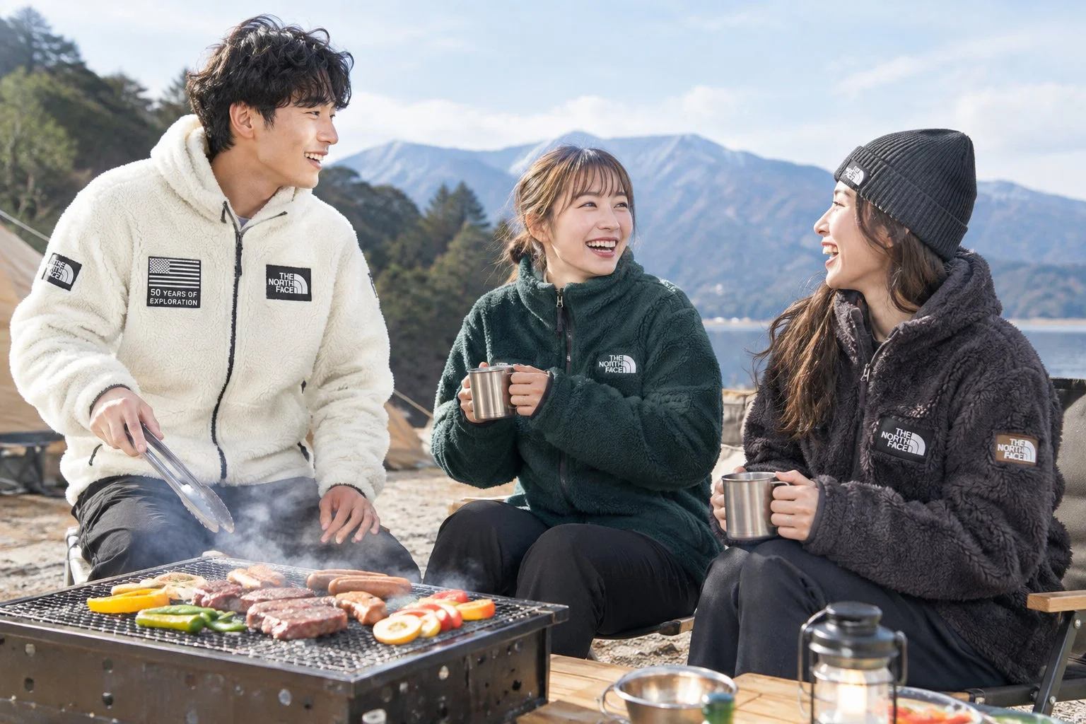 アウトドアウェアを着用してBBQを楽しむ人々
