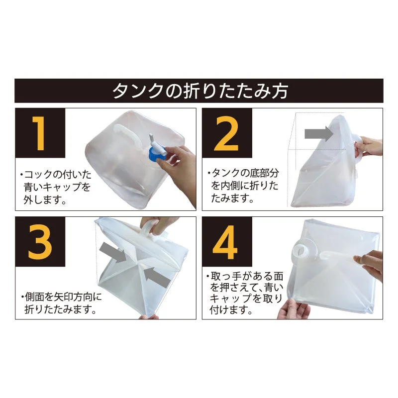 折りたたみ式ウォータータンクの収納方法を4つのステップで説明しています。