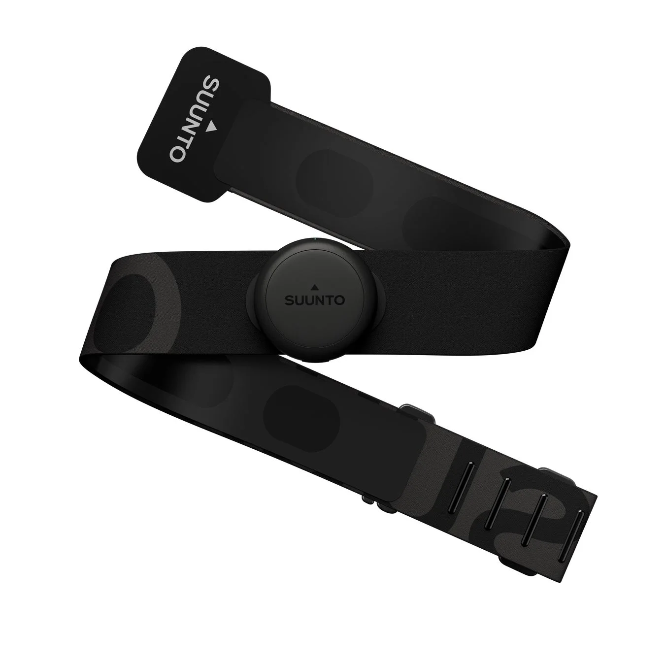 SUUNTOブランドの黒いチェストストラップ型心拍計が白い背景に配置されています。中央にセンサーモジュールがあり、迷彩柄のバンドが特徴で、スポーツやフィットネス時の心拍数測定に用いられるデバイスです。